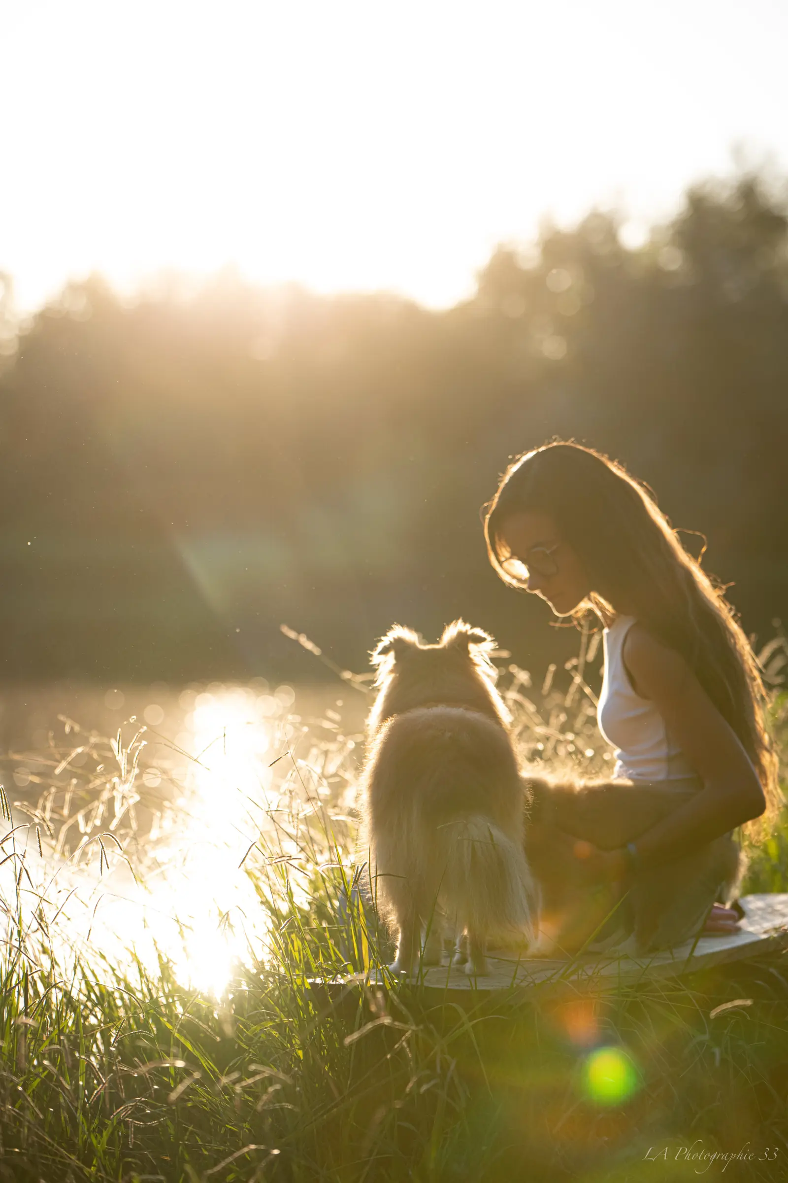 Jeune femme caressant son chien de berger au bord d'un lac, à contre-jour au coucher de soleil