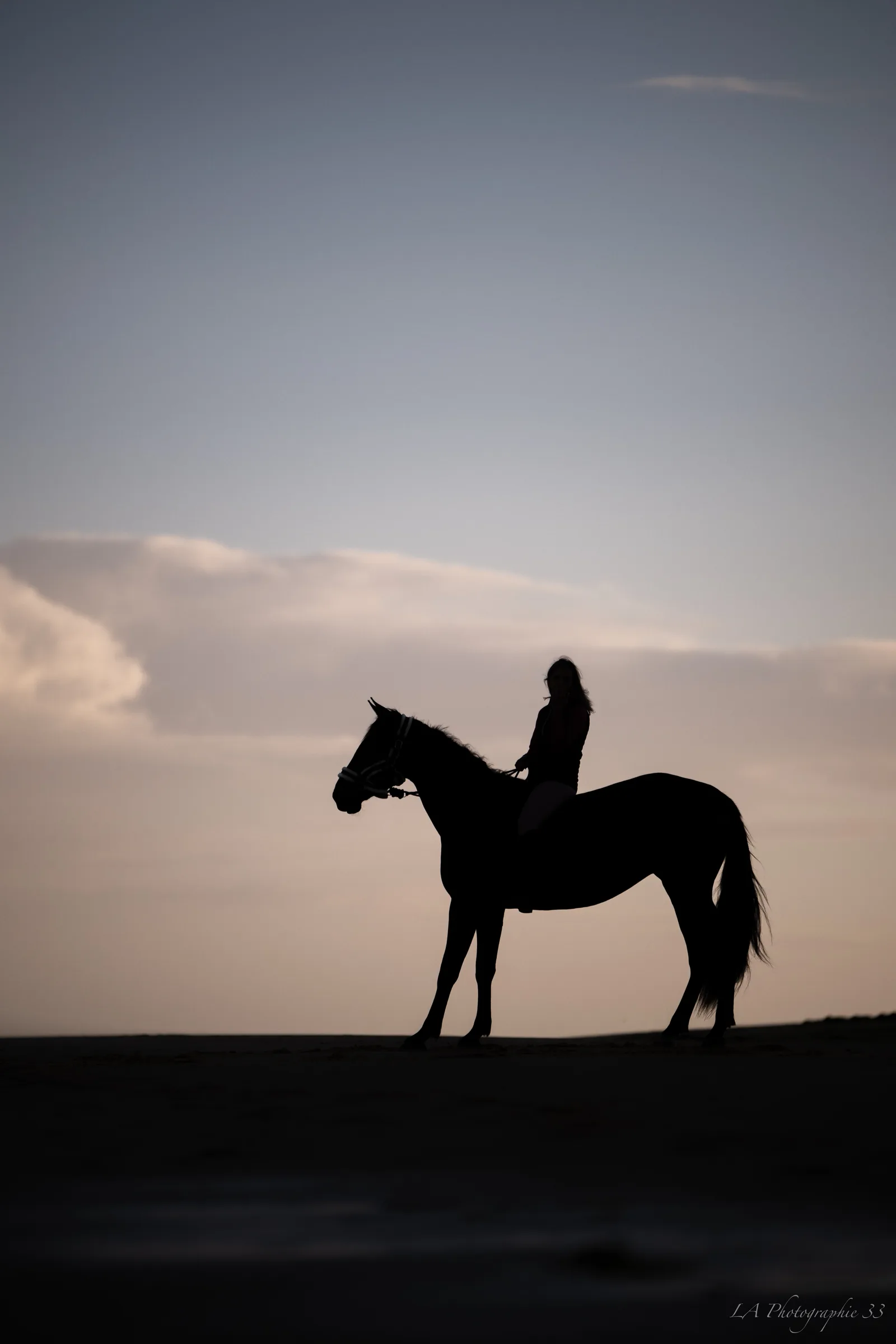 Silhouette d'une cavalière et de son cheval au coucher de soleil