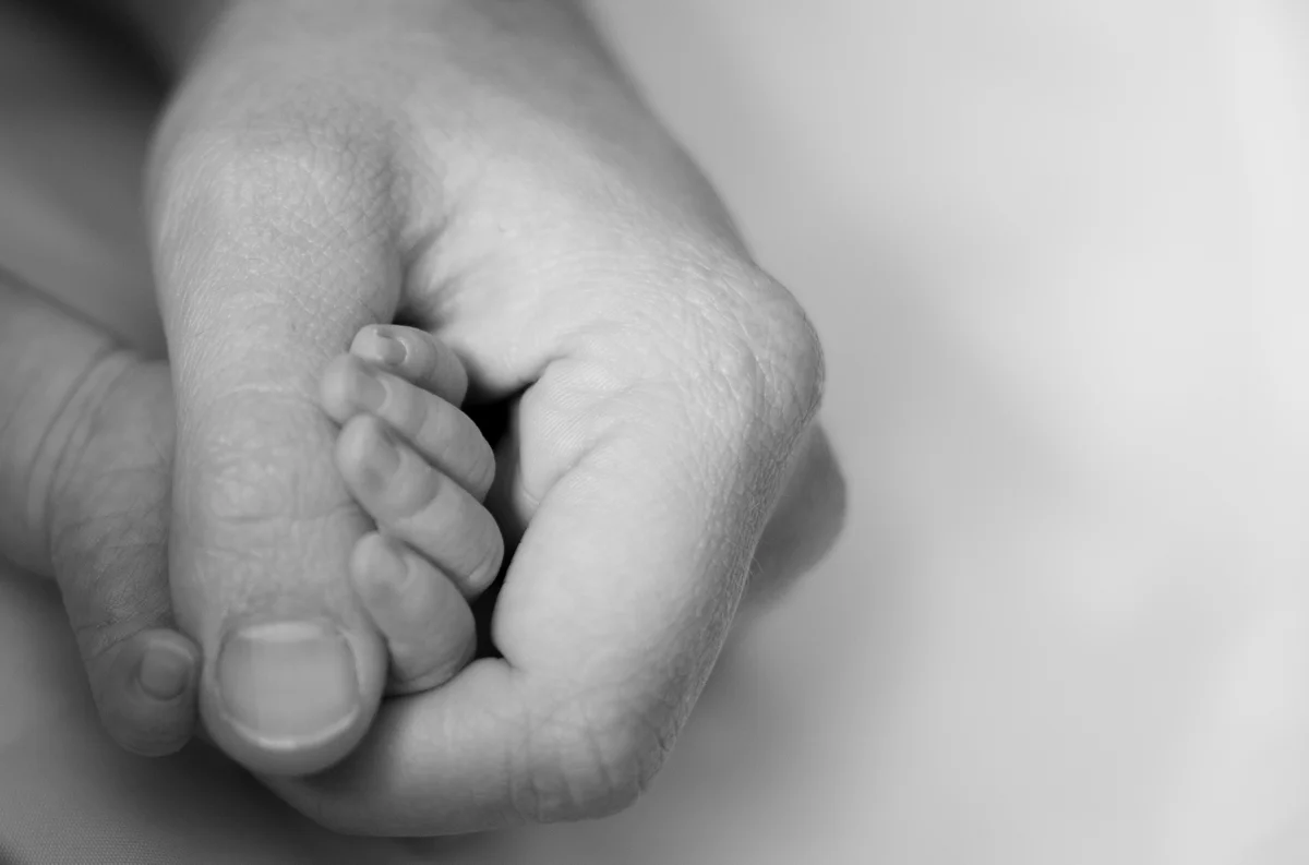 Petite main de nouveau-né agrippant un doigt d'adulte, photo en noir et blanc